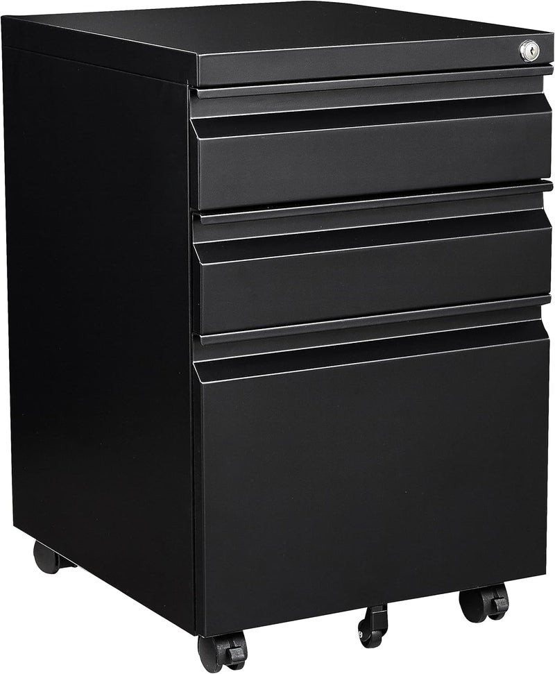 Fesbos 3 Drawer Mobile Metal File Cabinet, Black Filling Cabinets with Lock, Pre-Built Office Storage File Cabinet with Wheels Under Desk - Assembled Required - Image 1
